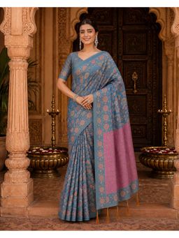 Anjaneya Sarees - Blue Designer Linen Saree with Unstitched Blouse