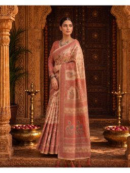 Anjaneya Sarees - Designer Linen Saree With Unstitched Blouse - Pink