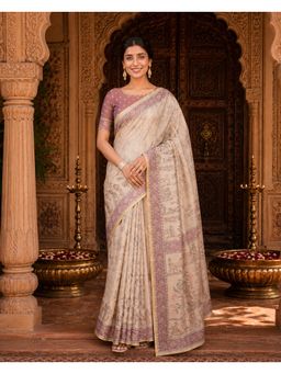 Anjaneya Sarees - Beige/Purple Designer Linen Saree With Unstitched Blouse - Multi-Color