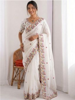 Odette - White Silk Embroidered Saree With Unstitched Blouse For Women