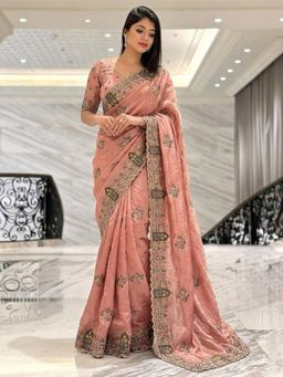 Odette - Peach Silk Embroidered Saree With Unstitched Blouse For Women