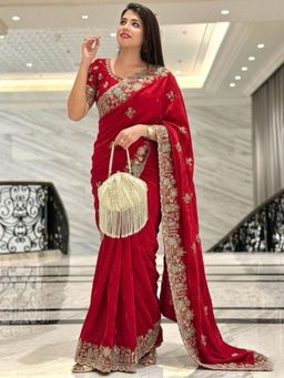 Odette - Red Silk Embroidered Saree With Unstitched Blouse For Women