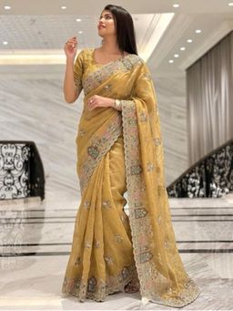 Odette - Yellow Silk Embroidered Saree With Unstitched Blouse For Women