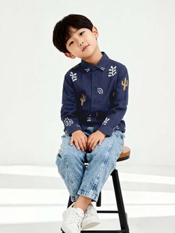 max - Navy Blue Printed Oversized Shirt