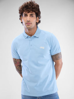 Spykar - Blue Slim Fit Cotton Collar Neck Solid Polo T-Shirt for Men