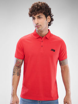 Spykar - Red Slim Fit Cotton Collar Neck Solid Polo T-Shirt for Men
