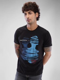 Spykar - Black Slim Fit Cotton Round Neck Printed T-Shirt for Men