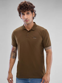 Spykar - Olive Slim Fit Cotton Collar Neck Solid Polo T-Shirt for Men