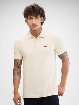 Spykar - Cream Slim Fit Cotton Collar Neck Solid Polo T-Shirt for Men