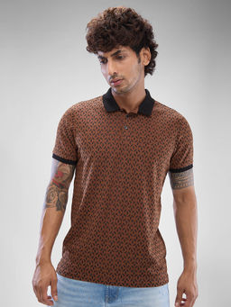 Spykar - Brown Slim Fit Cotton Collar Neck Polo Printed T-Shirt for Men