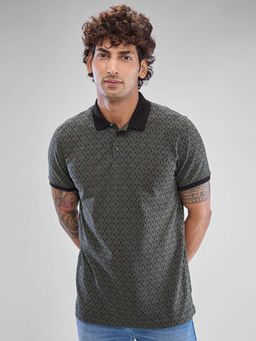 Spykar - Green Slim Fit Cotton Collar Neck Polo Printed T-Shirt for Men