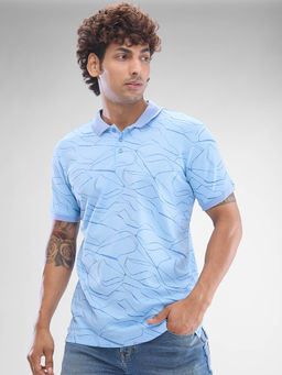Spykar - Blue Slim Fit Cotton Collar Neck Polo Printed T-Shirt for Men