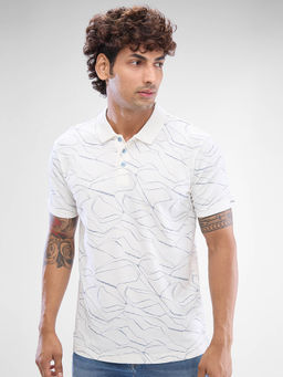 Spykar - White Slim Fit Cotton Collar Neck Polo Printed T-Shirt for Men
