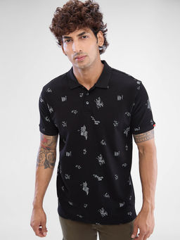Spykar - Black Slim Fit Cotton Collar Neck Polo Printed T-Shirt for Men