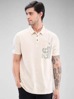 Spykar - Cream Slim Fit Cotton Collar Neck Polo T-Shirt for Men