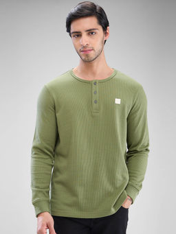 Spykar - Green Slim Fit Cotton Henley Neck T-Shirt for Men
