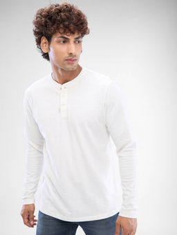 Spykar - White Slim Fit Cotton Henley Neck T-Shirt for Men