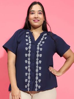 Oxolloxo - Navy Blue Embroidered Relaxed Fit Shirt