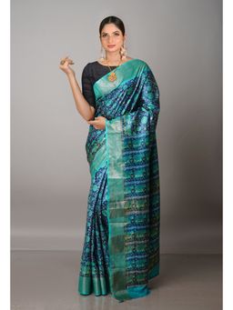 Unnati Silks - Navy Blue Pure Handloom Bengal Tusshar Kalamkari Silk Saree with Unstitched Blouse