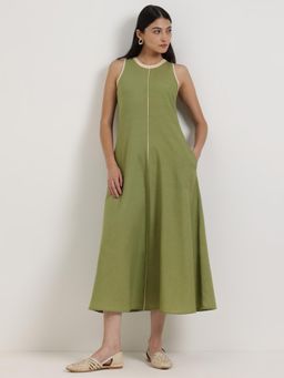 Pink Fort - Women Linen Blend Green Solid A-Line Midi Dress