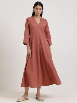 Pink Fort - Women Linen Blend Rust Solid A-Line Midi Dress