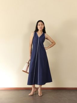 Pink Fort - Women Linen Blend Navy Blue Solid A-Line Dress