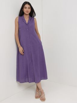 Pink Fort - Women Linen Blend Purple Solid A-Line Midi Dress