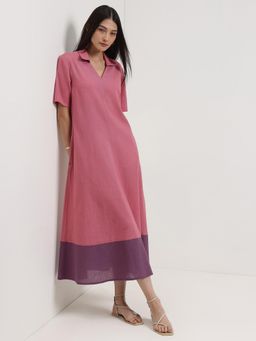 Pink Fort - Women Linen Blend Pink Colorblock A-Line Midi Dress