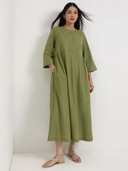 Pink Fort - Women Linen Blend Olive Solid Midi A-Line Dress