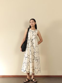 Pink Fort - Women Cotton Off White Floral Printed A-Line Midi Dress