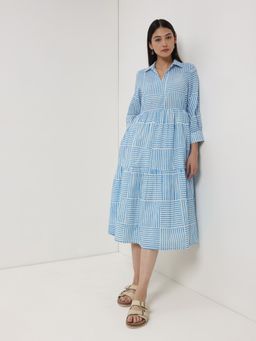 Pink Fort - Women Cotton Blue Geometric Collar Neck Dress