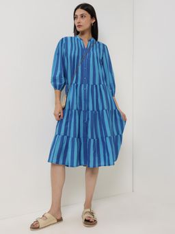 Pink Fort - Women Cotton Blue Striped Fit & Flare Dress