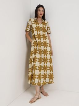 Pink Fort - Women Cotton Off White Floral Shirt Collar Midi Dress