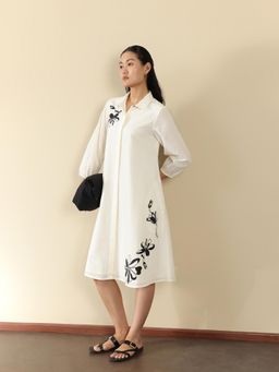 Pink Fort - Women Cotton Off White Floral Printed Shirt Collar Dress