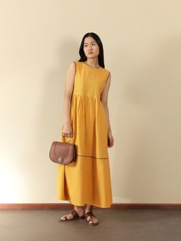 Pink Fort - Women Linen Blend Mustard Solid Fit & Flare Dress
