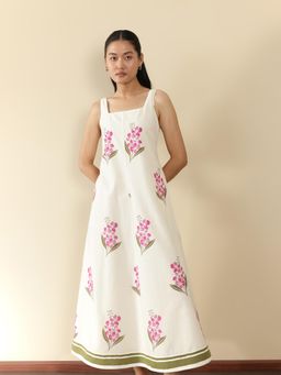 Pink Fort - Women Cotton Off White Floral Printed A-Line Dress