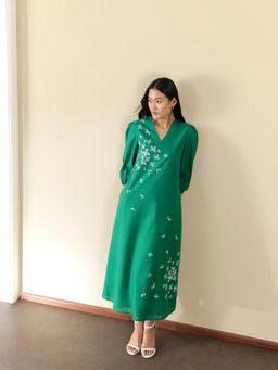 Pink Fort - Women Cotton Green Floral Printed A-Line Midi Dress