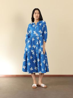 Pink Fort - Women Cotton Blue Floral Printed Fit & Flare Dress