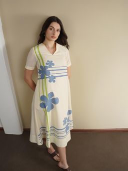 Pink Fort - Women Cotton Off White Floral Printed Midi Dress