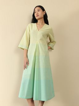 Pink Fort - Women Cotton Yellow Striped A-Line Midi Dress