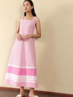 Pink Fort - Women Cotton Pink Striped Square Neck Midi Dress