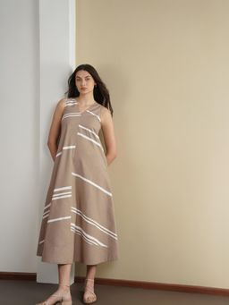 Pink Fort - Women Cotton Beige Striped V-Neck Midi Dress