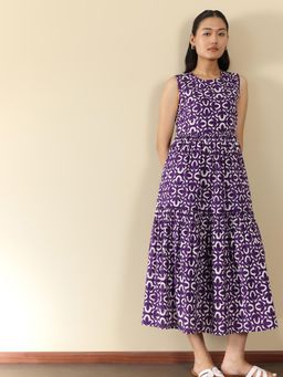 Pink Fort - Women Cotton Purple Geometric Fit & Flare Dress