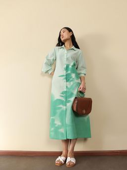 Pink Fort - Women Cotton Green Abstract Shirt Dress