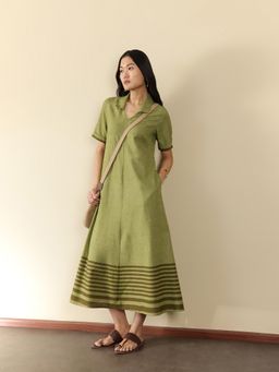 Pink Fort - Women Cotton Olive Striped Collar Neck Dress