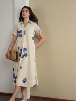 Pink Fort - Women Cotton Off White Floral Collar Neck Midi Dress