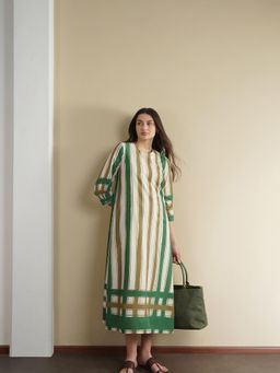 Pink Fort - Women Cotton Green Striped A-Line Midi Dress