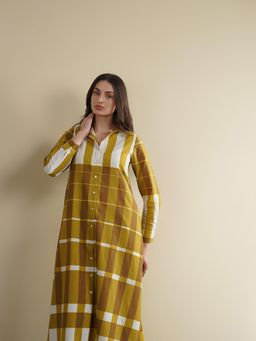 Pink Fort - Women Cotton Mustard Striped Collar Neck A-Line Midi Dress