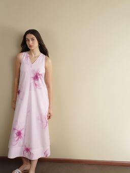 Pink Fort - Women Cotton Pink Floral Printed Sleeveless Midi Dress