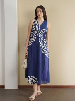 Pink Fort - Women Cotton Navy Blue Paisley A-Line Midi Dress